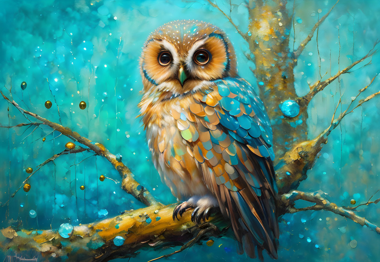 Detailed owl painting with brown and blue plumage on a branch against turquoise background