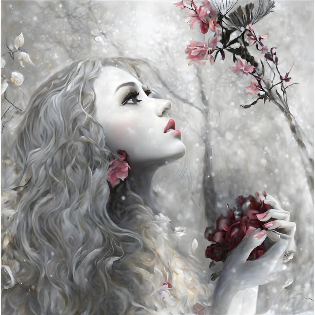 Illustrated woman with long wavy hair among cherry blossoms in snowscape