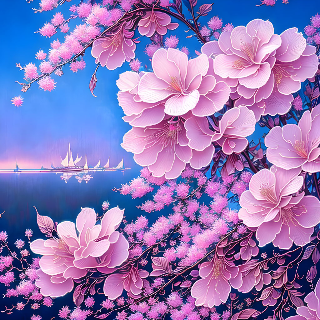 Vibrant pink cherry blossoms on blue background with serene lake.