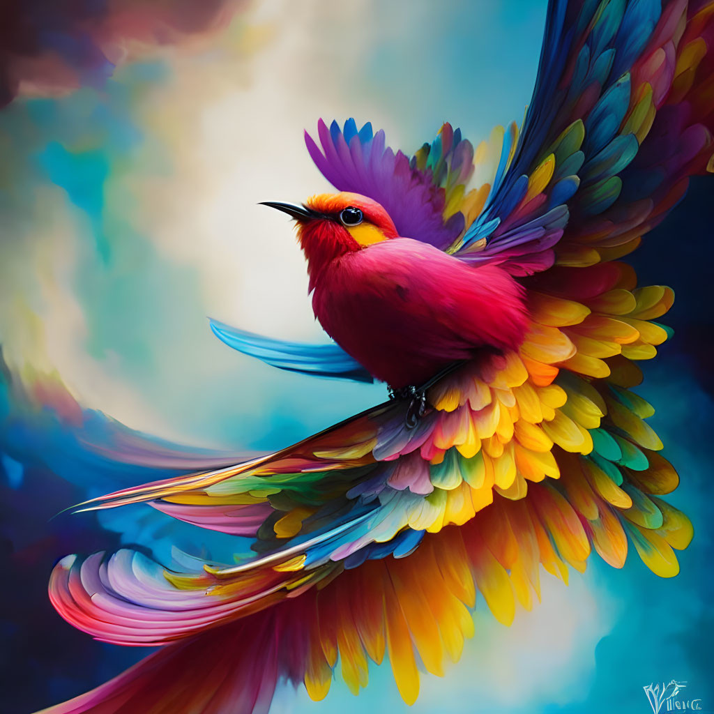 Colorful Bird Artwork: Vibrant Feathers in Flight Against Blue Sky