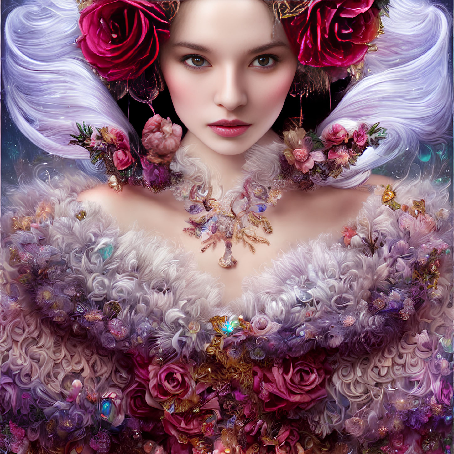 Porcelain-skinned woman surrounded by lush flowers and intricate jewelry