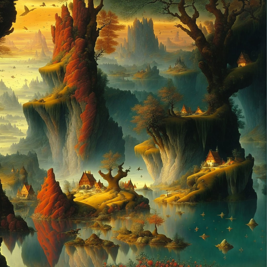 Fantasy landscape with towering rock formations, cliff houses, lush trees, and starry water.