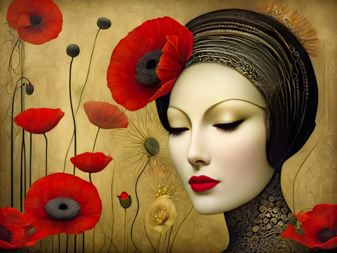 Portrait of woman with pale skin, red lips, headscarf, surrounded by vibrant red poppies