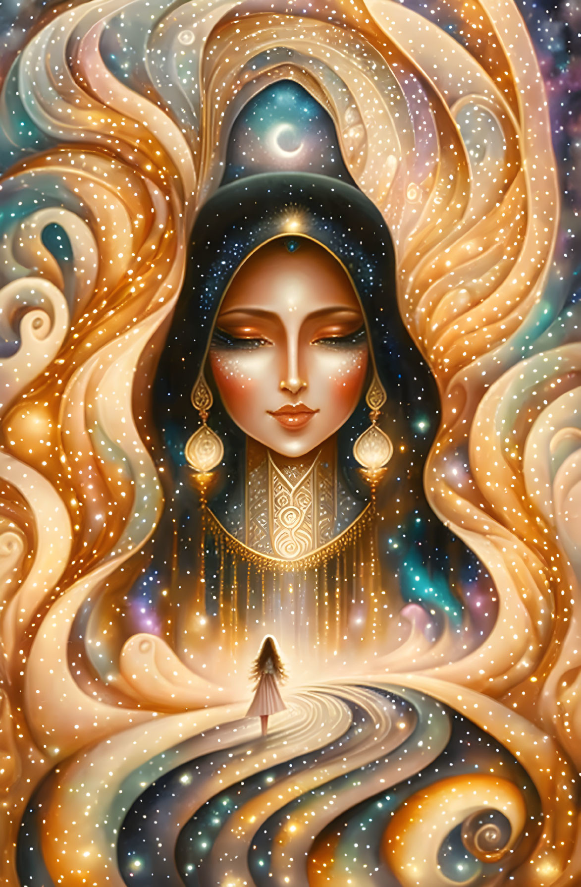 Stylized cosmic illustration of serene goddess face with celestial bodies and swirling gold patterns