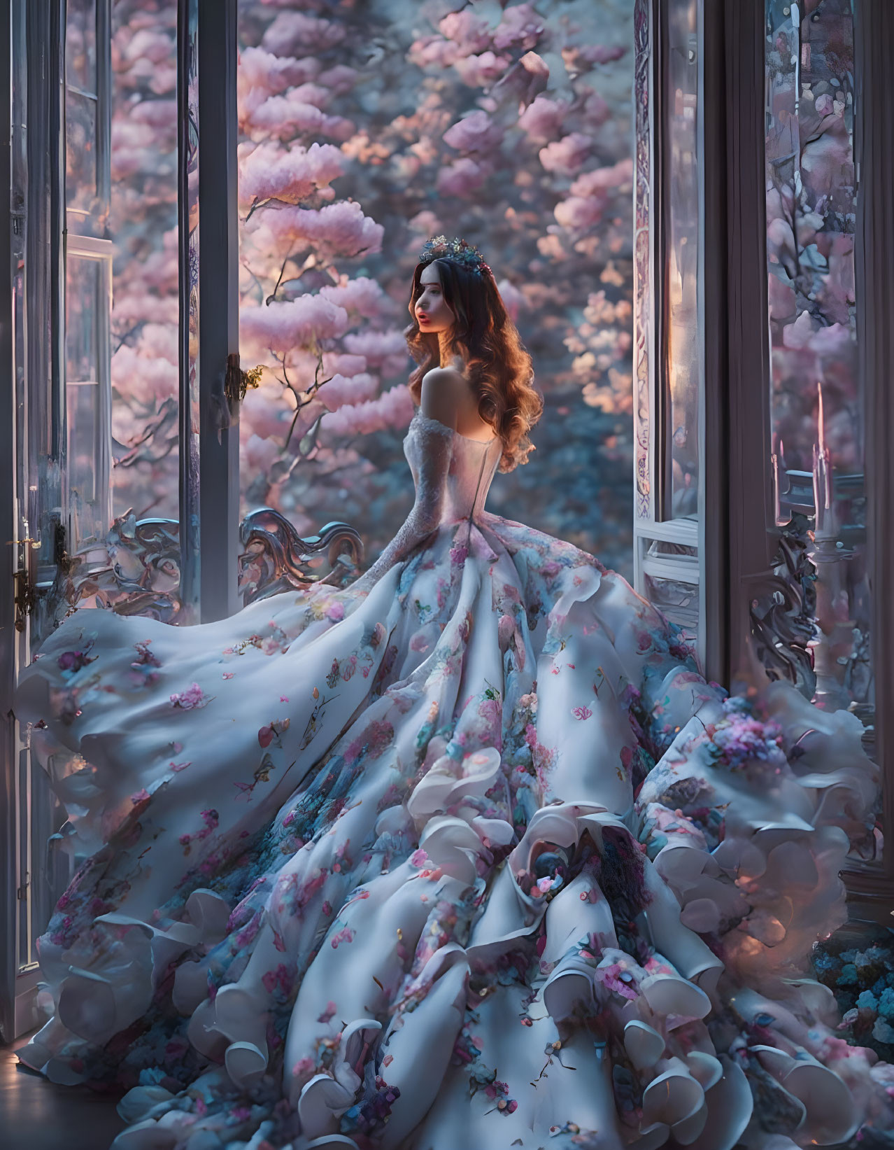 Woman in floral gown gazes at pink blossom landscape from window