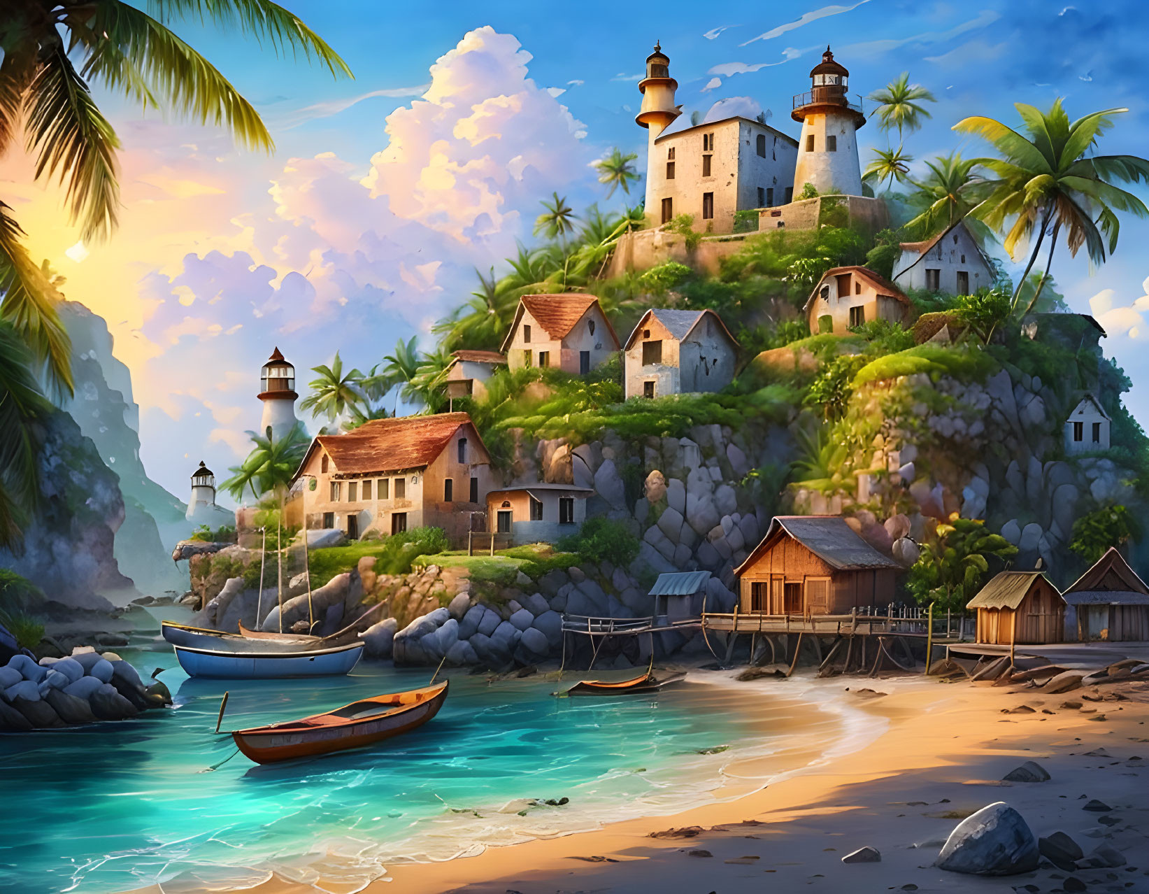 Picturesque coastal village with stone houses, palm trees, lighthouse, and boats by serene blue sea