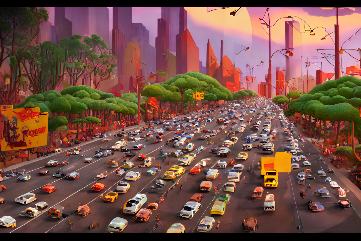 Vibrant sunset cityscape with traffic, colorful cars, oversized trees, and billboards