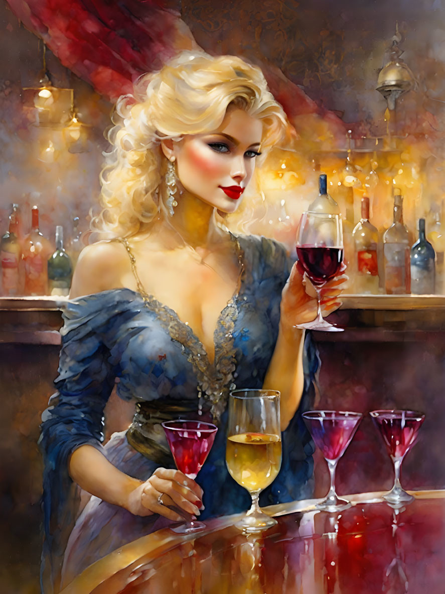 Glamorous woman with blonde hair holding wine glass in bar setting