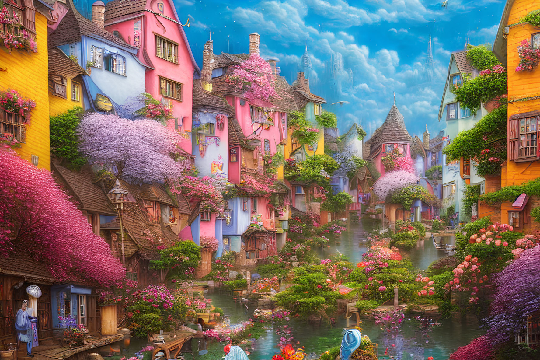 Whimsical Pastel Village with Colorful Houses and Flowers