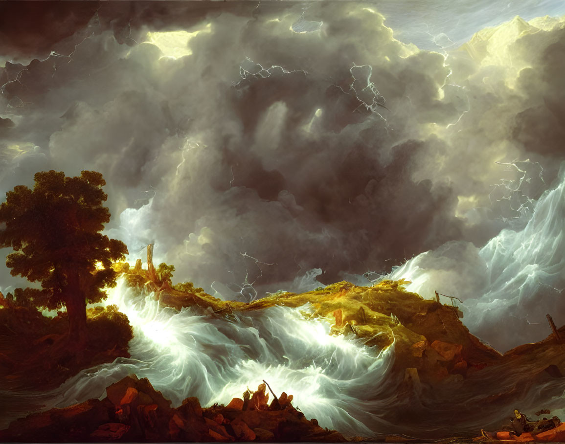 Stormy Sea Painting with Lightning and Lighthouse