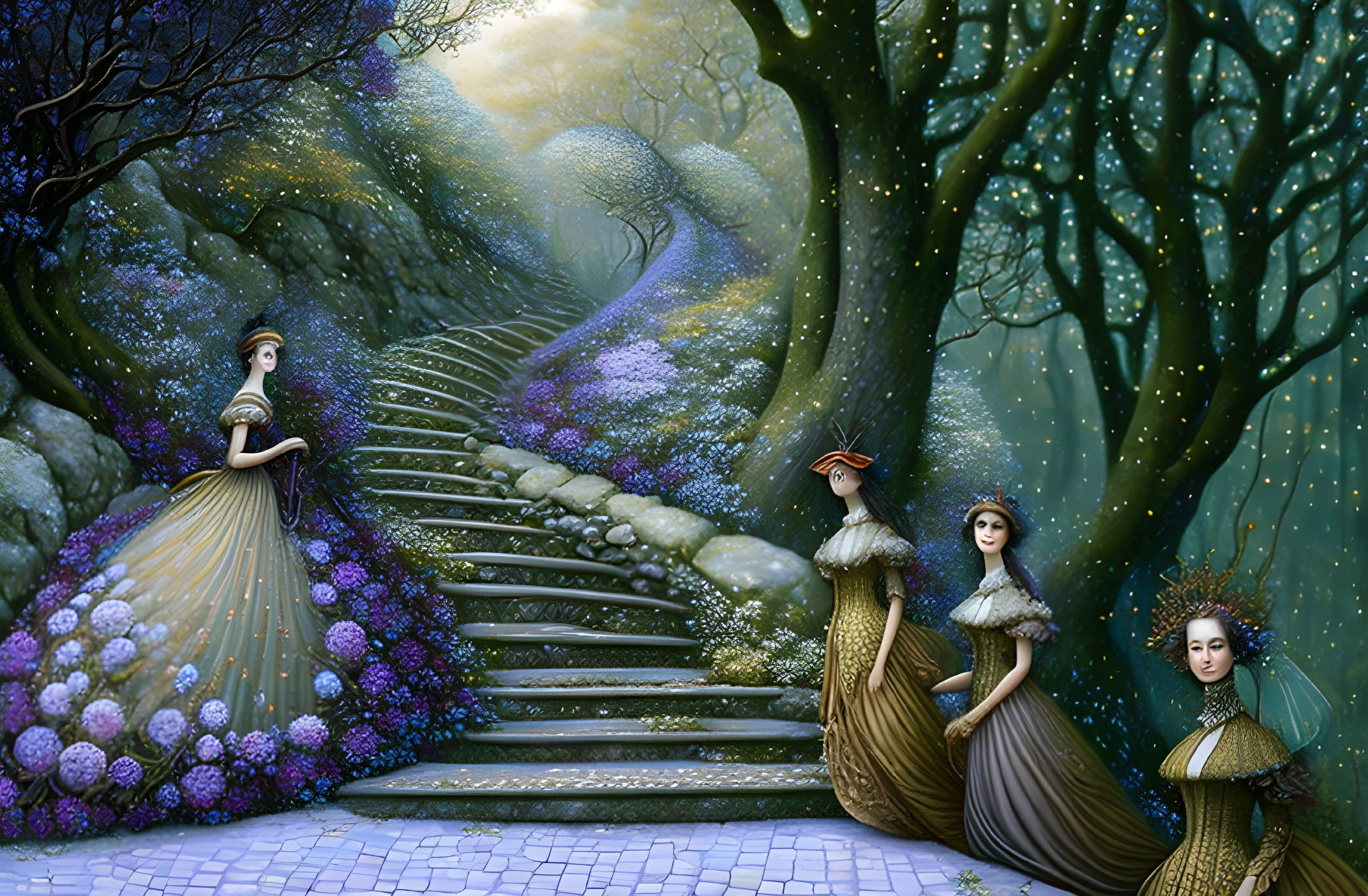 Elegant Women in Forest Setting with Vibrant Flora