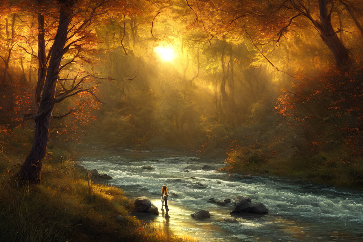 Autumn sunset walk by forest stream with golden light