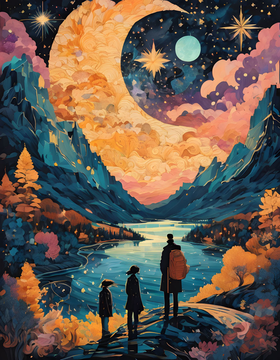 Two people by a lake under a vibrant night sky with oversized crescent moon.