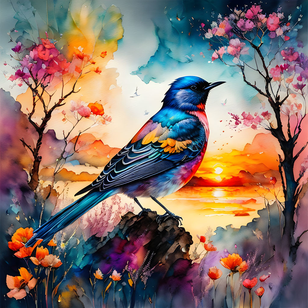 Colorful painting of bluebird and blossoms under warm sunset