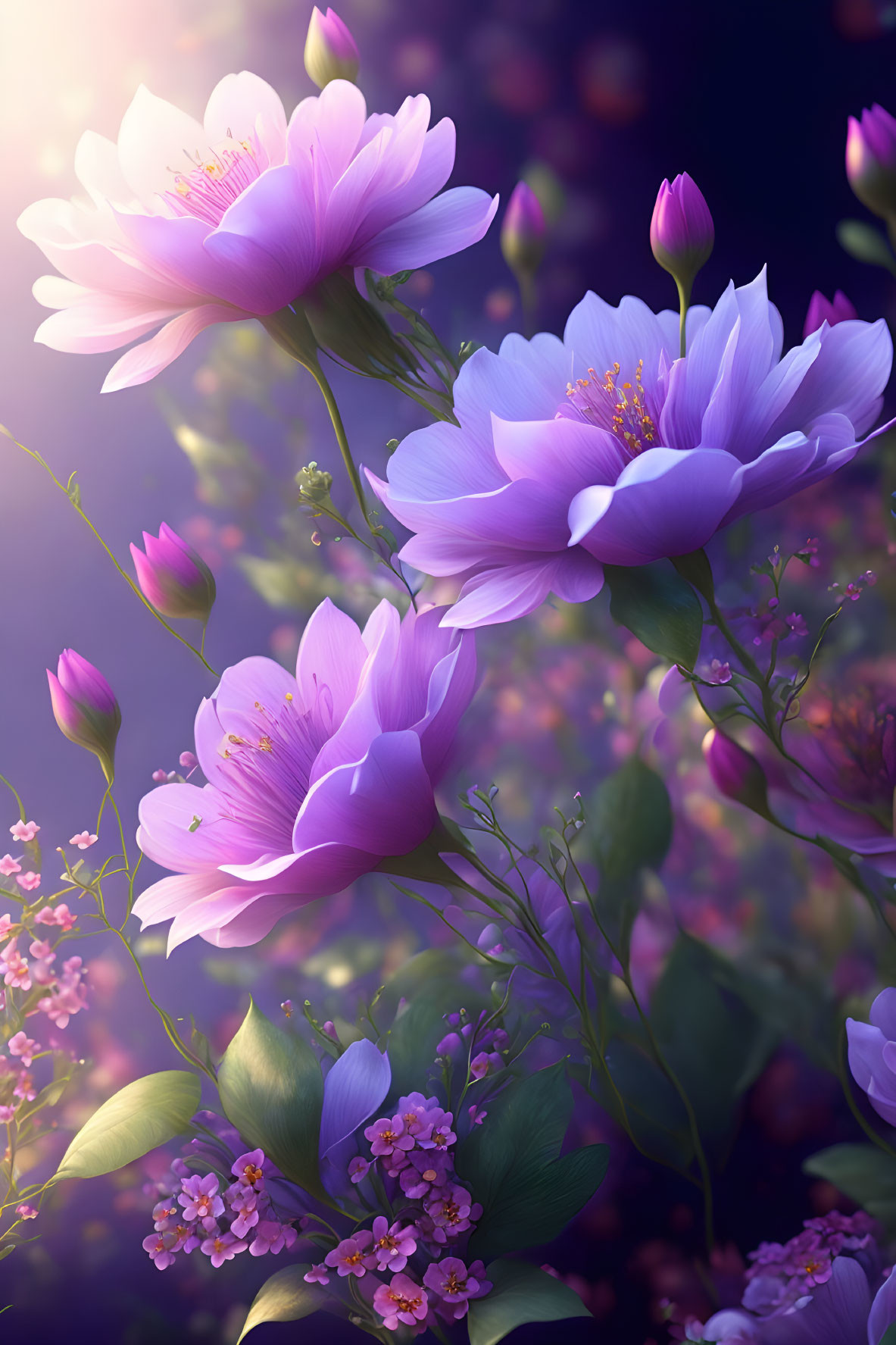 Vibrant purple and pink flowers on dark background with buds