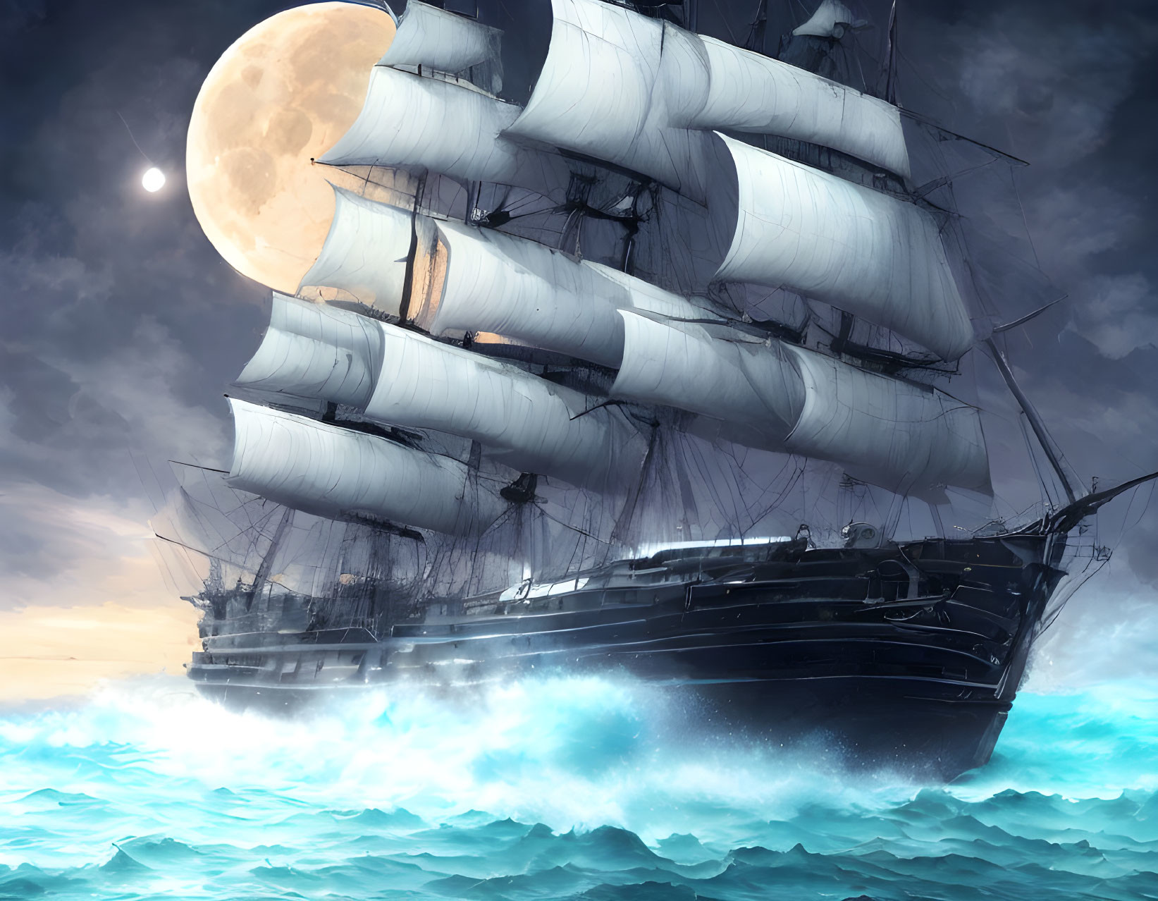 Tall ship sailing through turbulent seas under moonlit sky