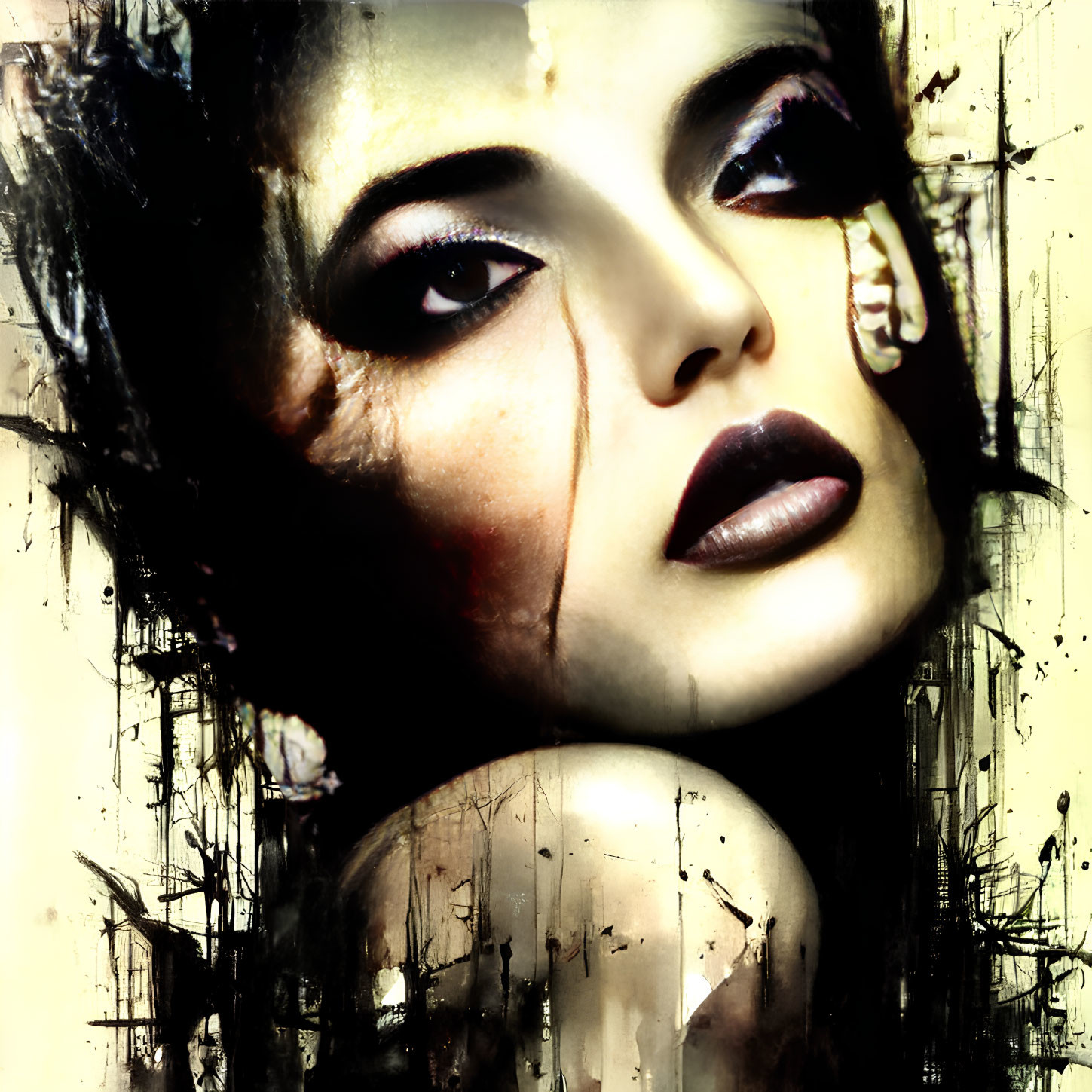 Close-up of woman's face with dark, smudged makeup on abstract grunge background