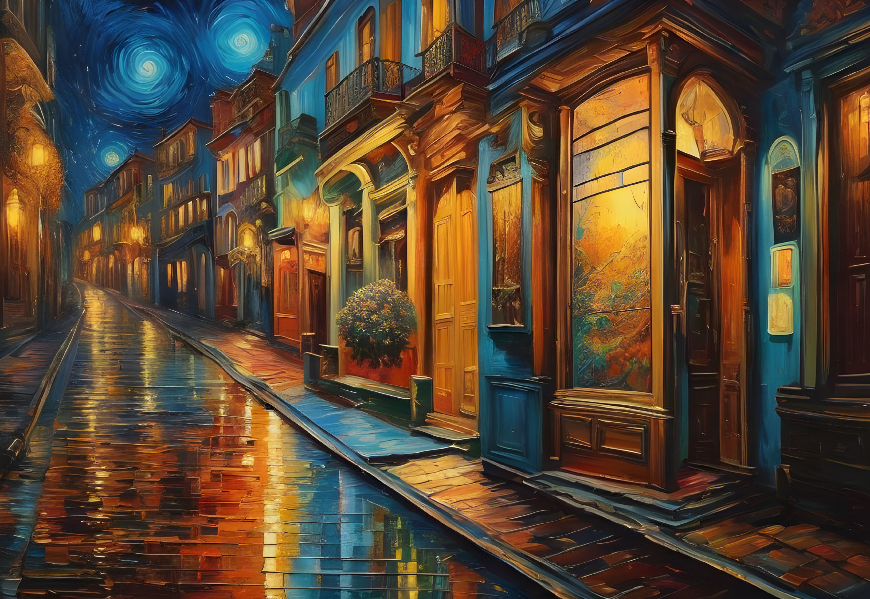 Colorful storefronts on wet cobblestones under a starry night sky