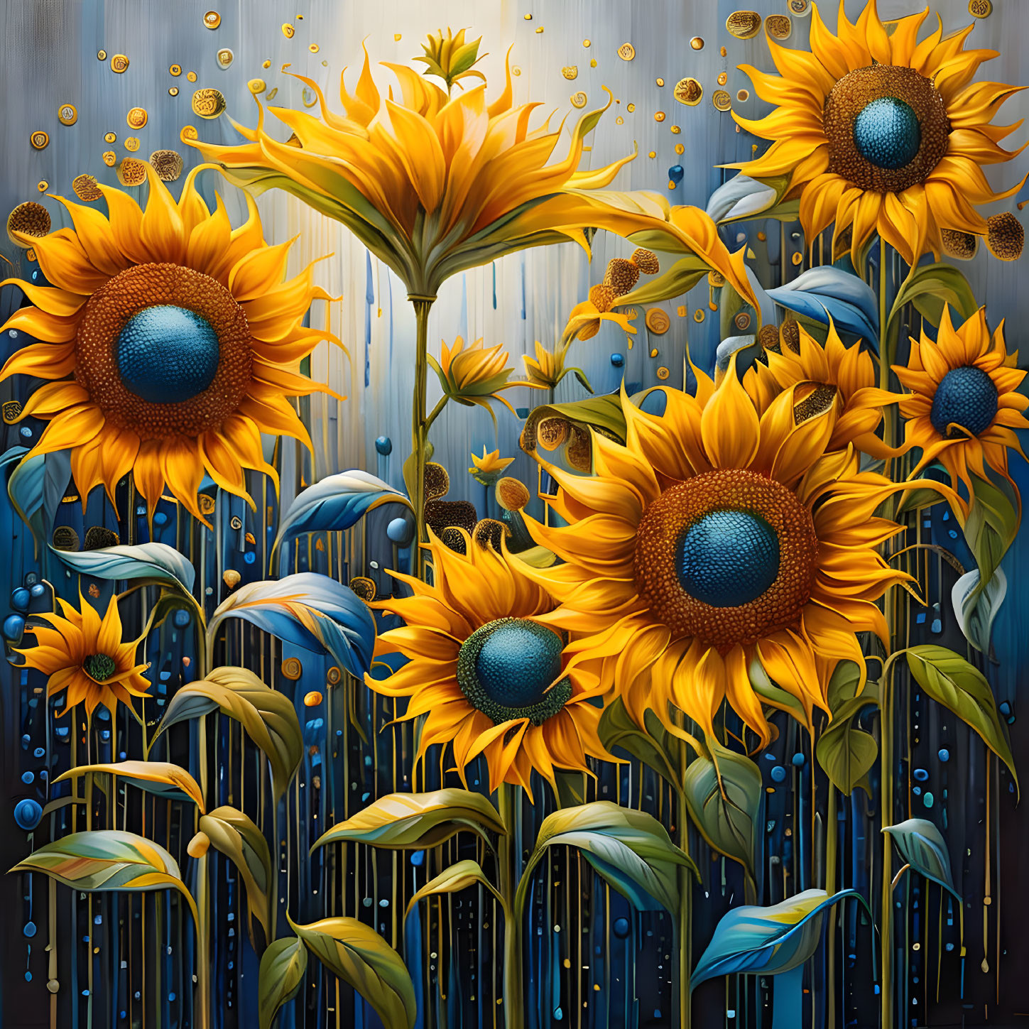 Colorful sunflowers on textured gray background with gold accents