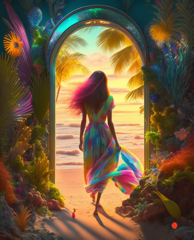 Colorful dress woman at tropical beach portal with vibrant flora.