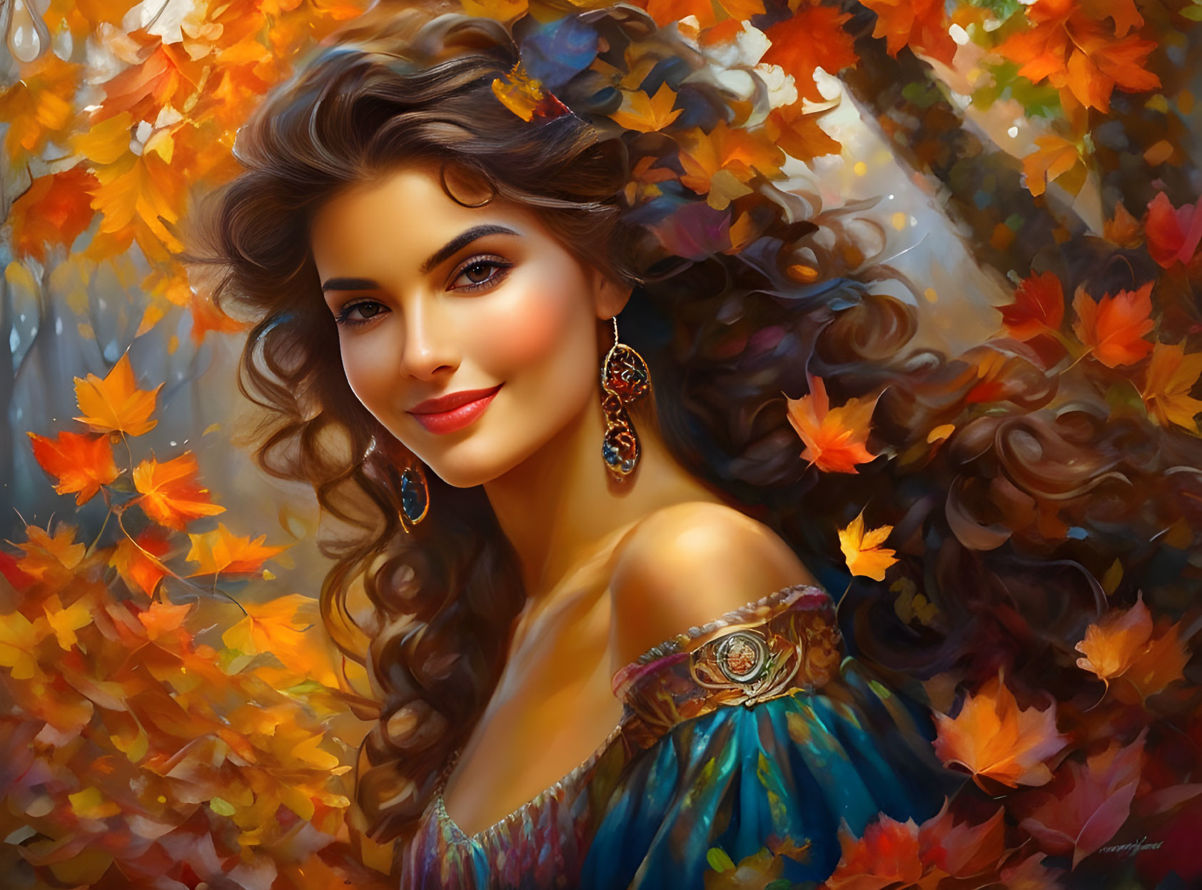 Smiling woman with curly hair in teal dress among autumn leaves