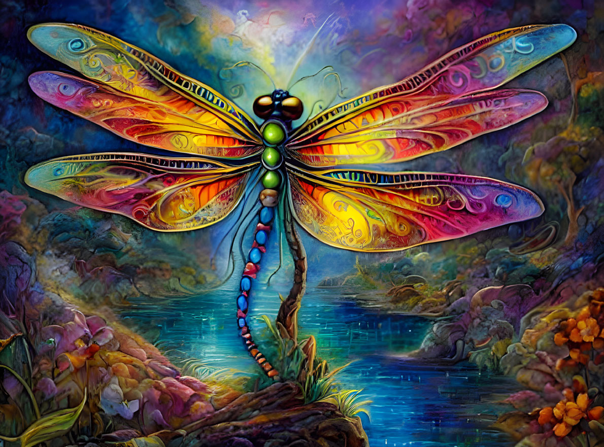 Colorful Fantasy Dragonfly with Intricate Wings in Mystical River Landscape