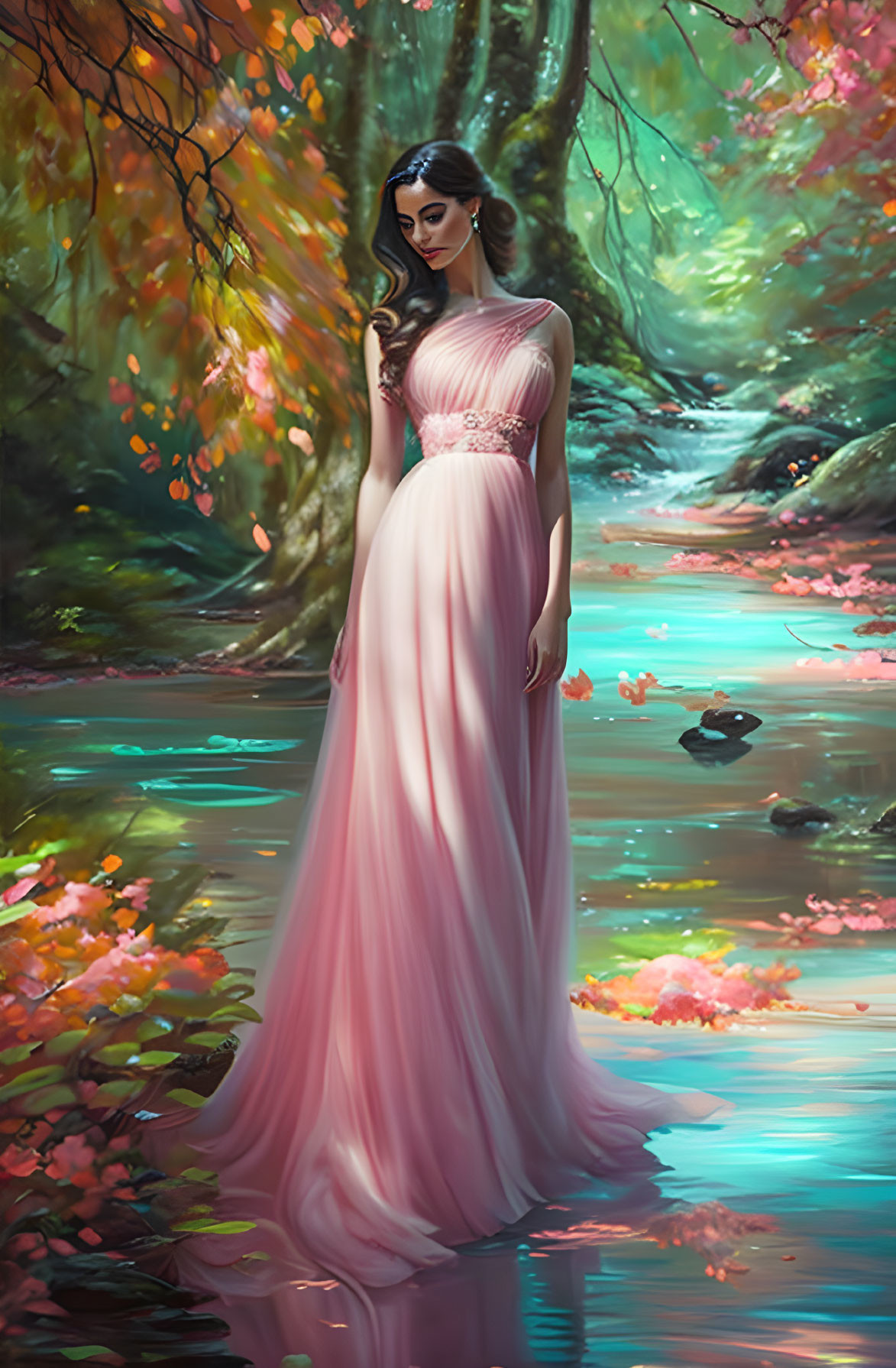 Woman in Pink Gown by Woodland Stream