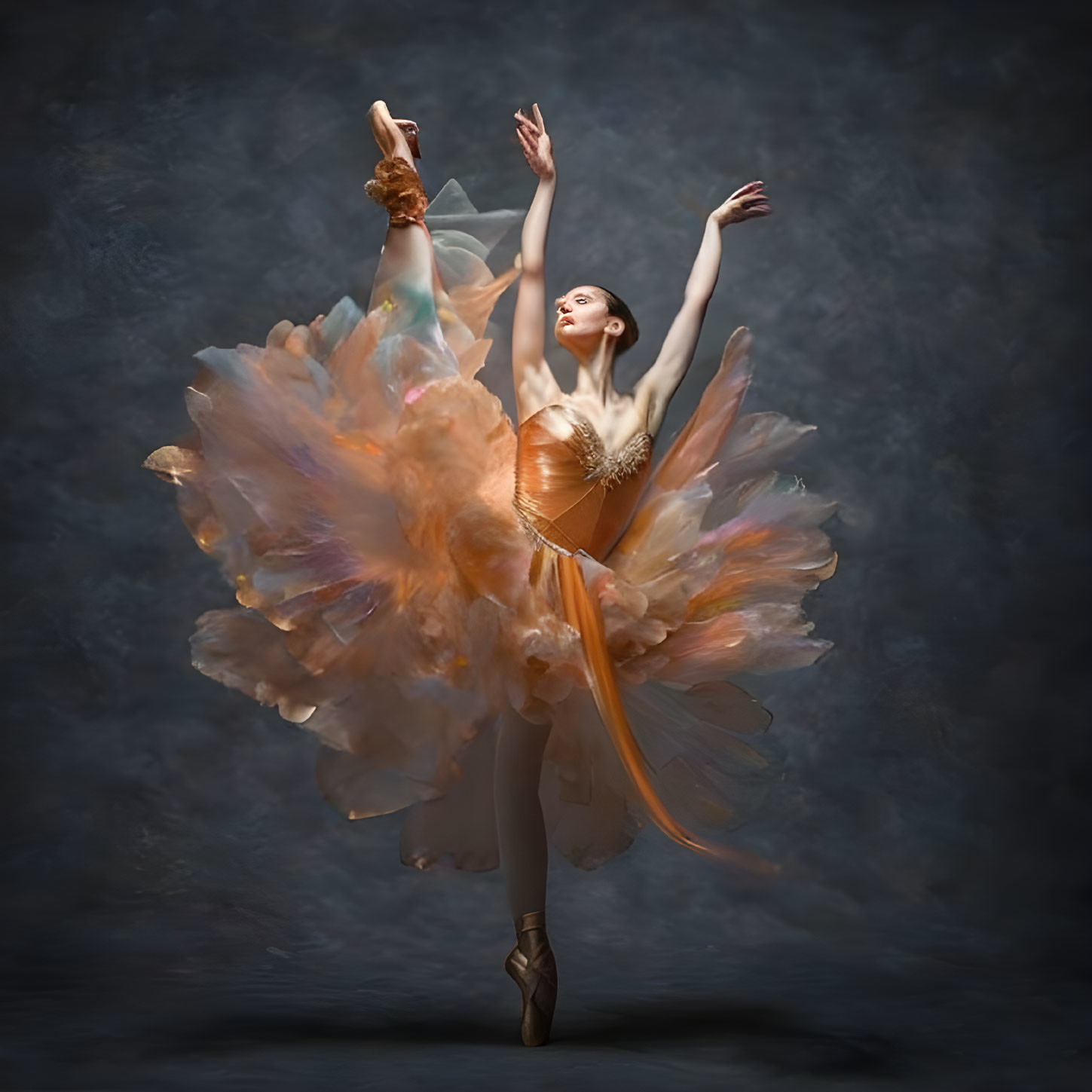 Graceful ballet dancer in peach tutu on pointe posing with arms extended