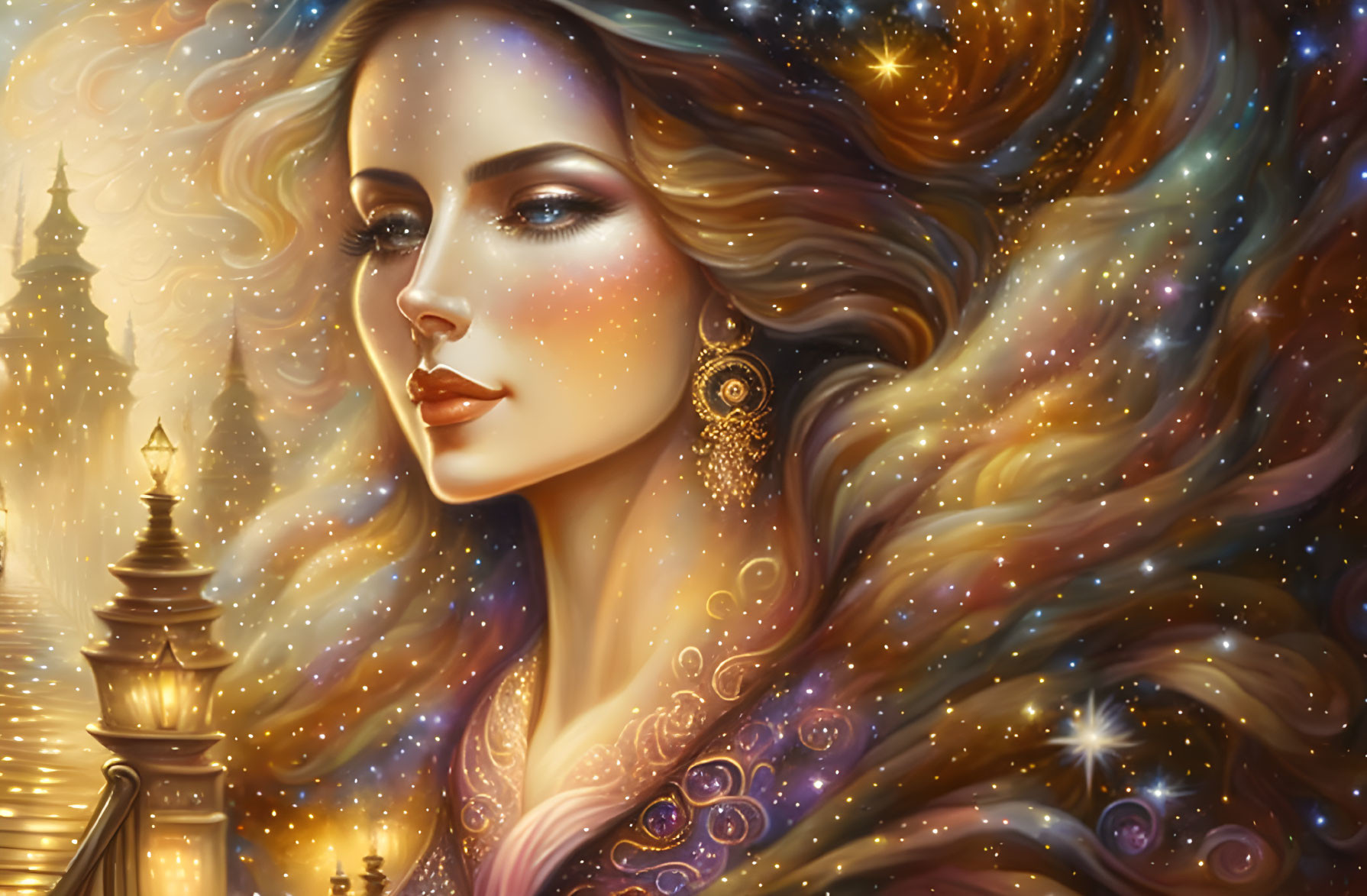 Illustrated woman with flowing hair in cosmic backdrop with stars and castle tower.