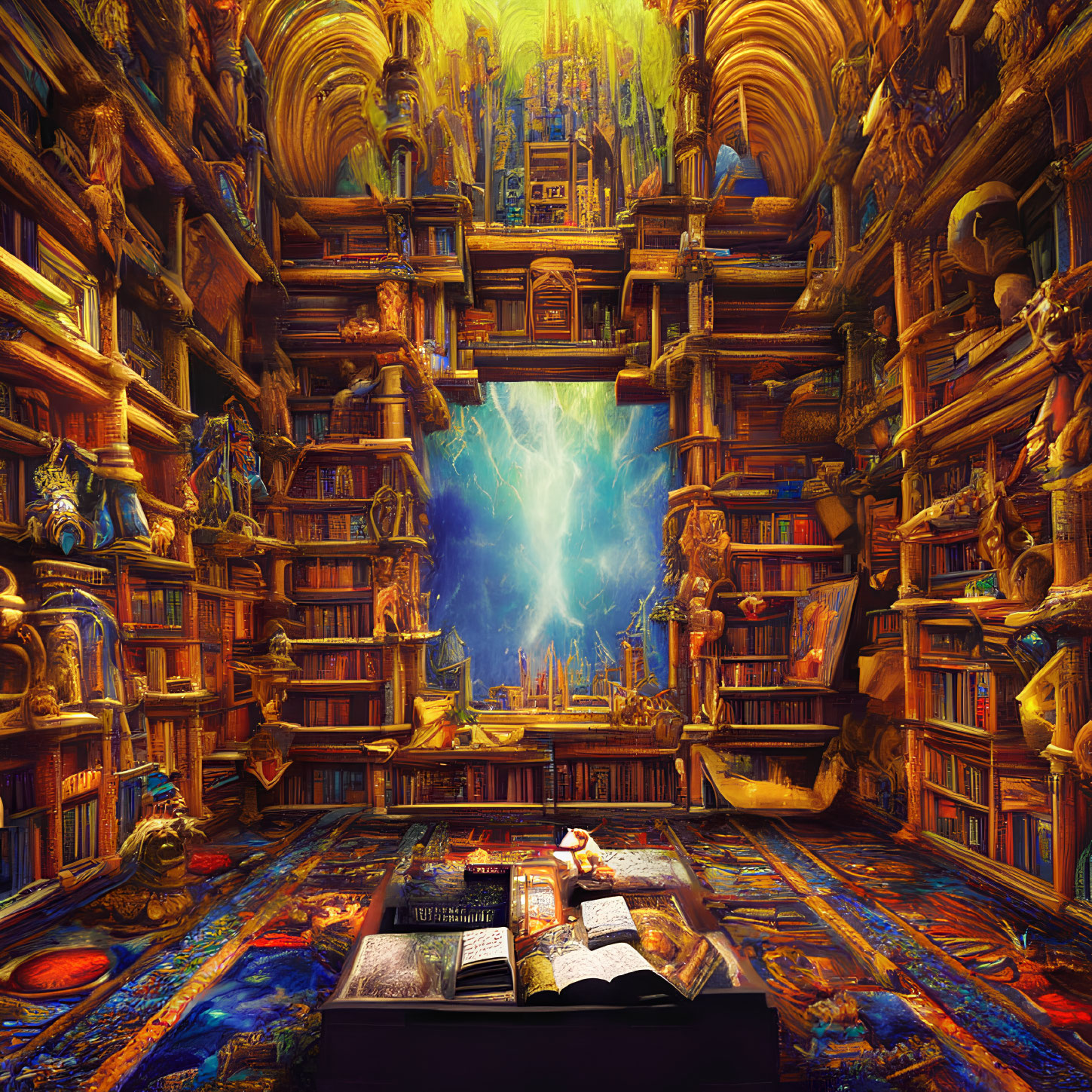 Fantastical library with towering bookshelves and mystical cityscape view