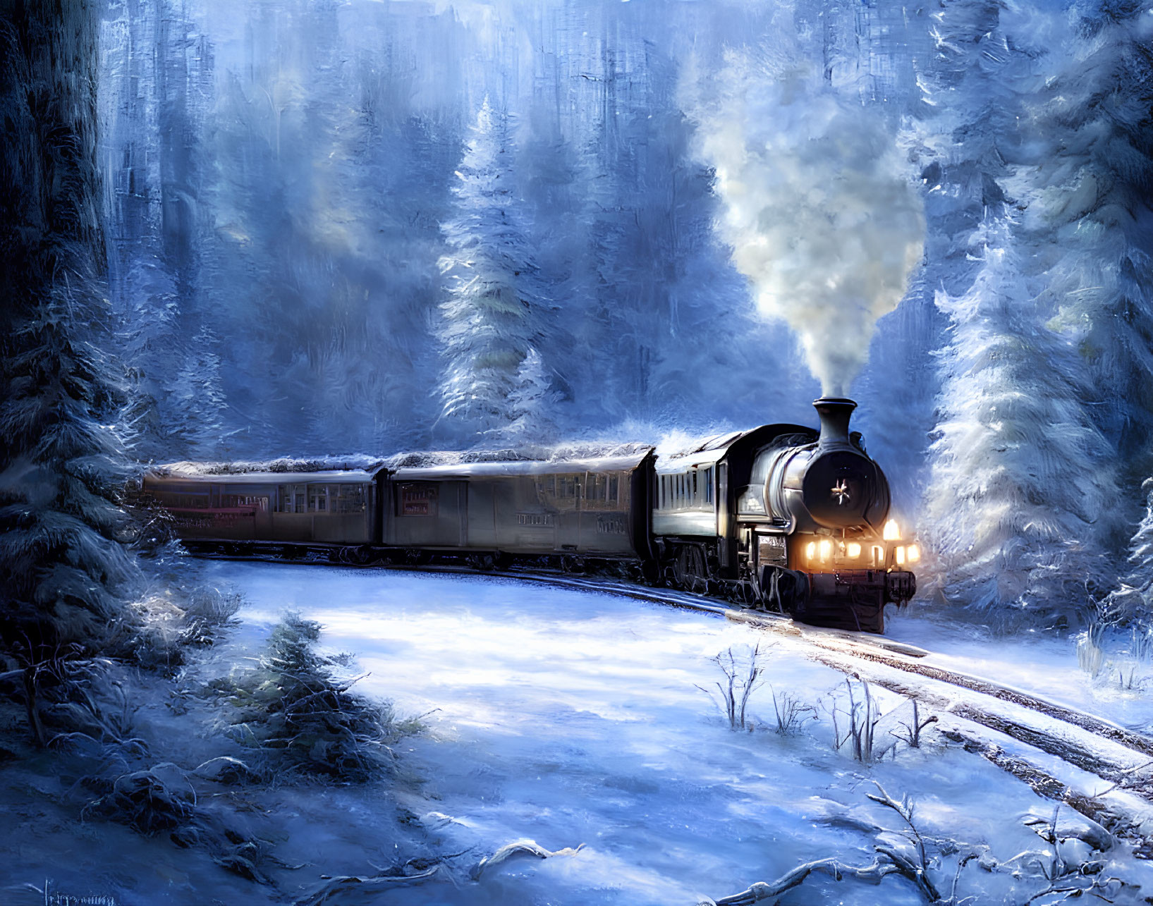 Vintage steam train in snow-covered forest with billowing smoke on twilight blue landscape