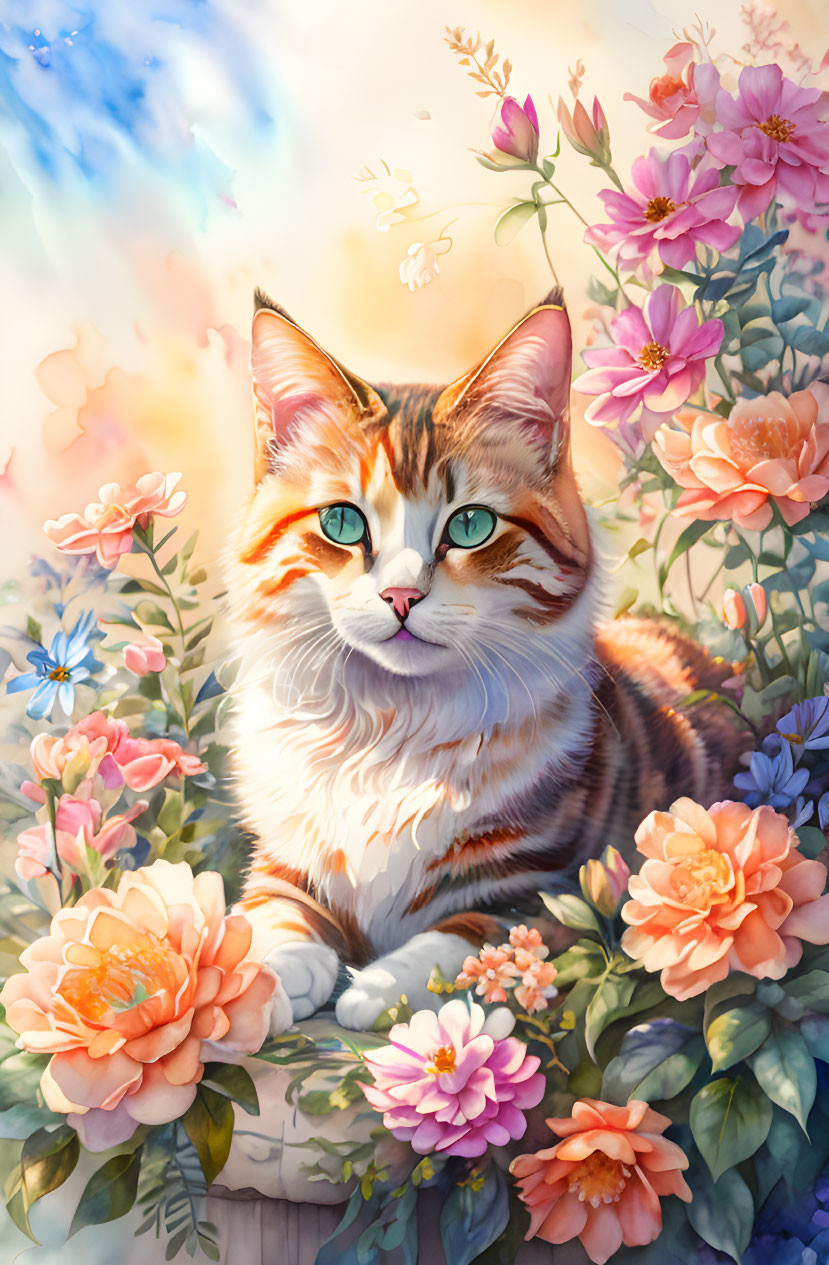 Colorful Cat Surrounded by Blooming Flowers in Sunlit Scene