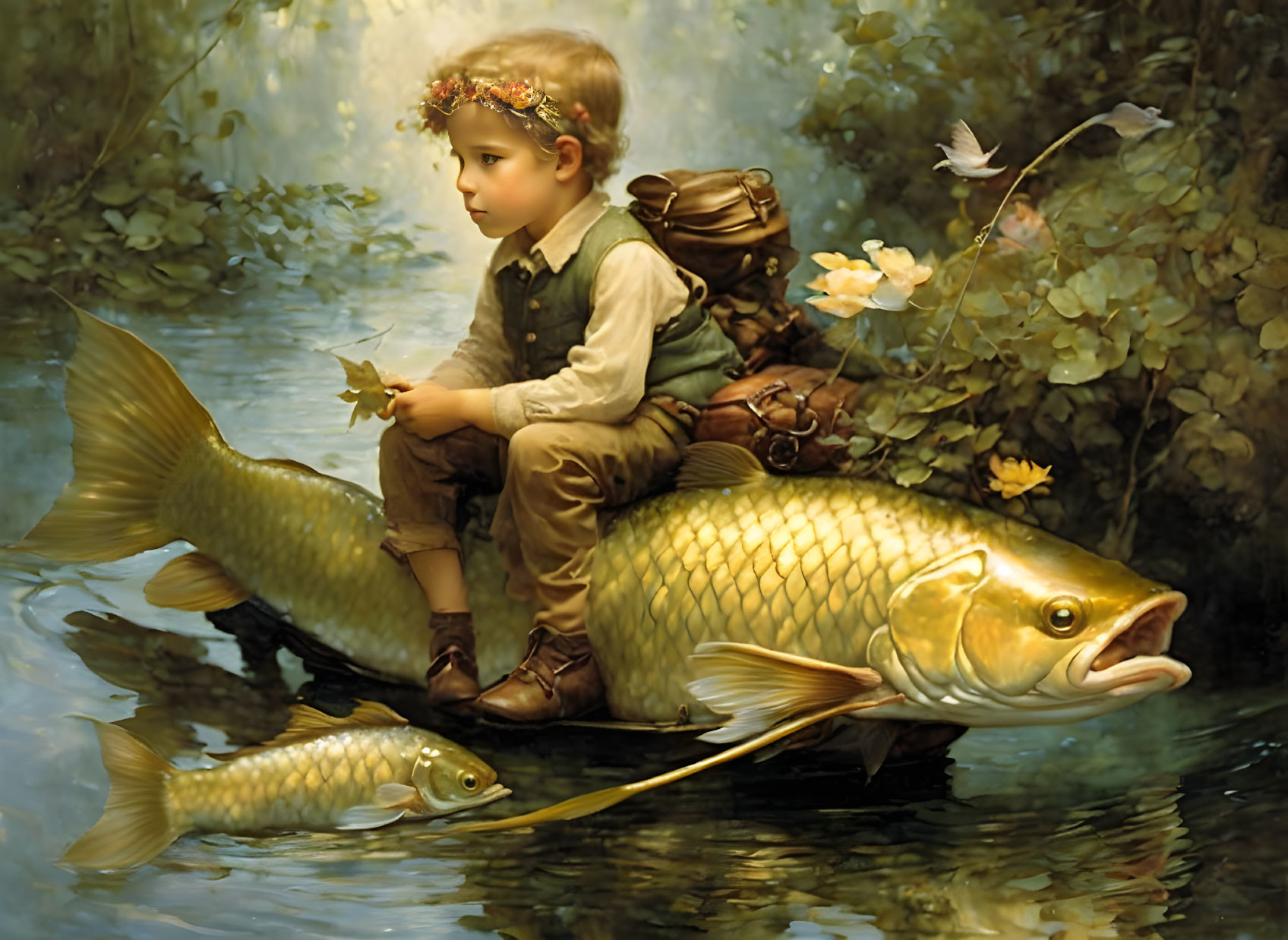 Young boy with flower crown on giant fish in lush pond