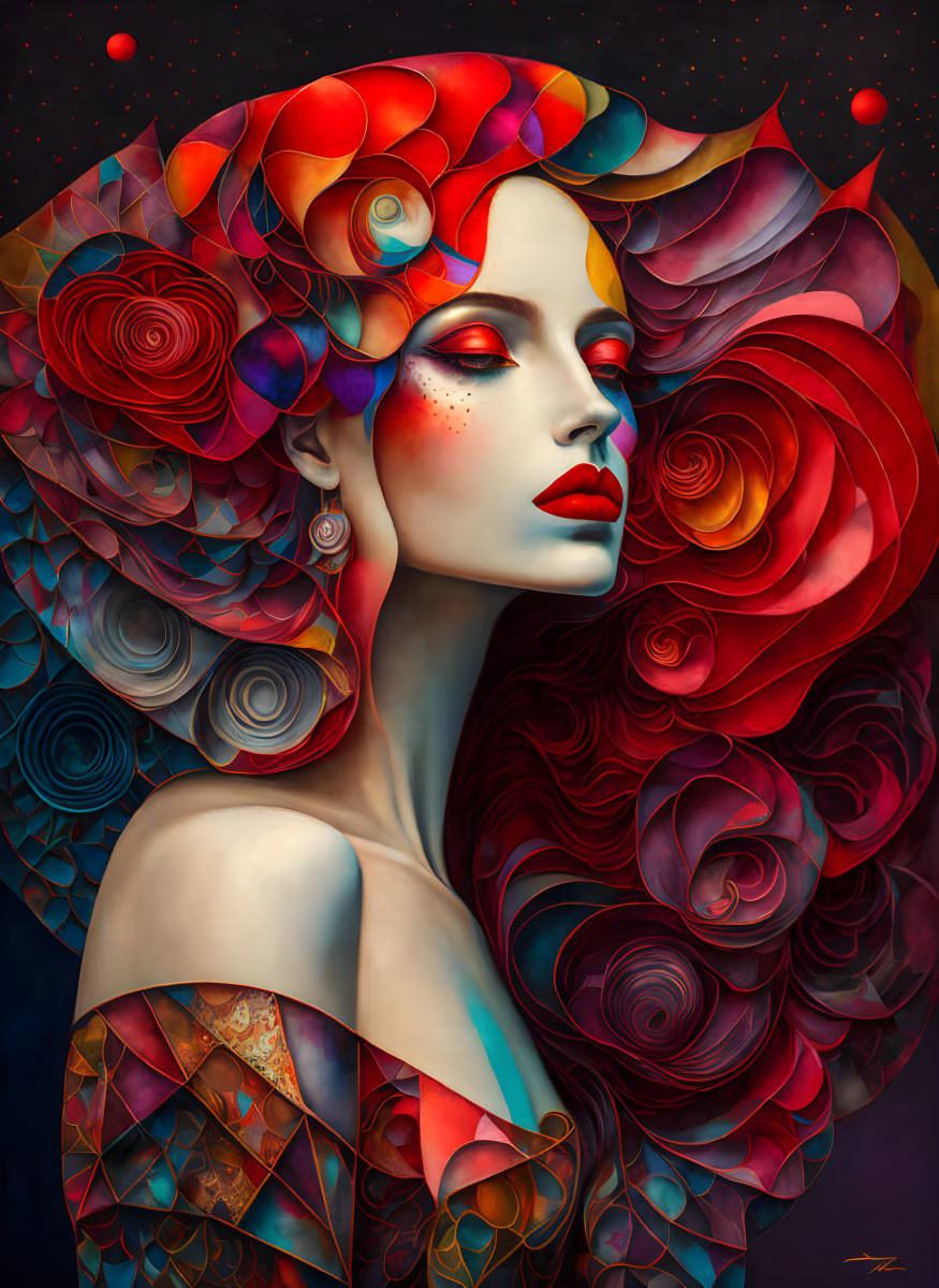 Colorful woman illustration with rose-like hair on dark starry backdrop