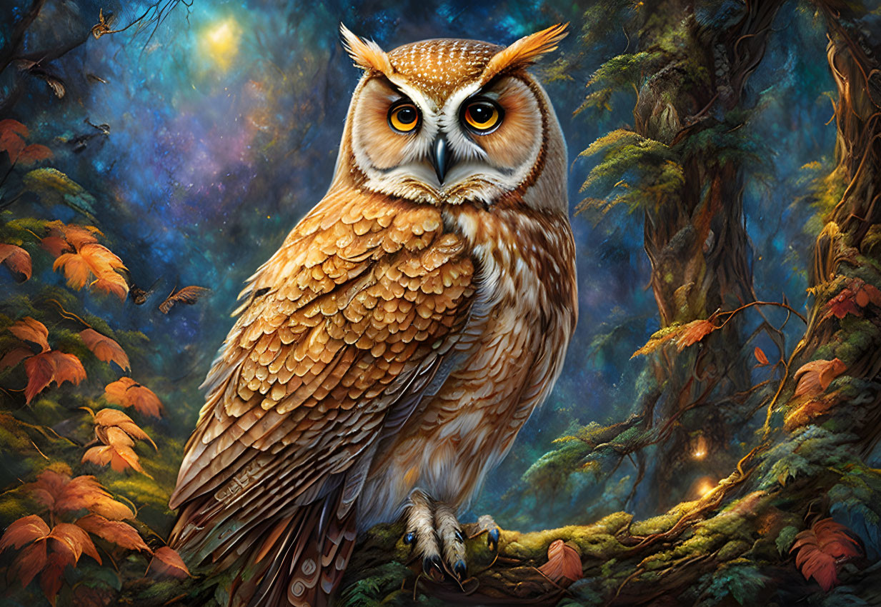 Detailed Owl Perched on Branch in Mystical Forest Scene