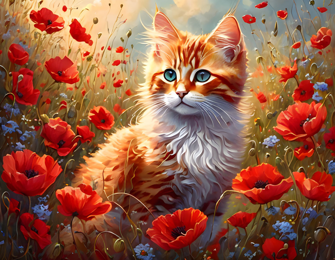 Fluffy ginger cat with blue eyes in red poppies and greenery