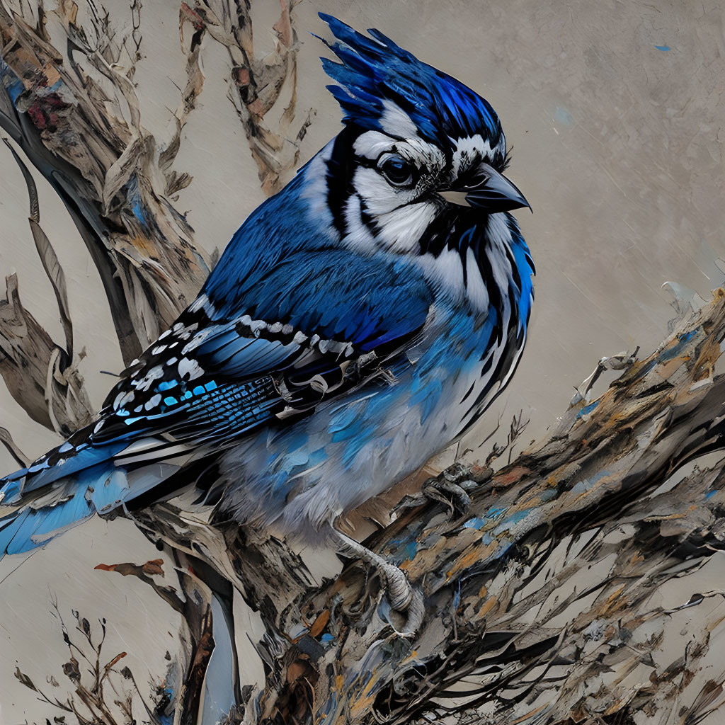 Detailed Blue and White Bird Illustration on Twisted Branch