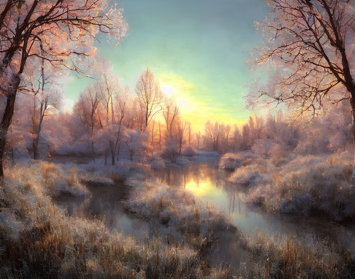 Frost-covered trees reflecting on calm river at sunrise