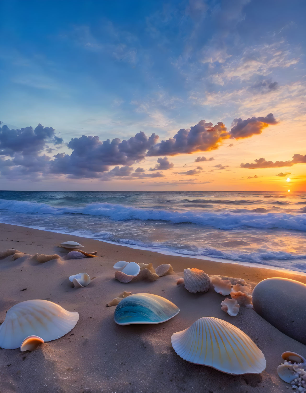 Tranquil Sunrise Beach Scene with Seashells and Rocks