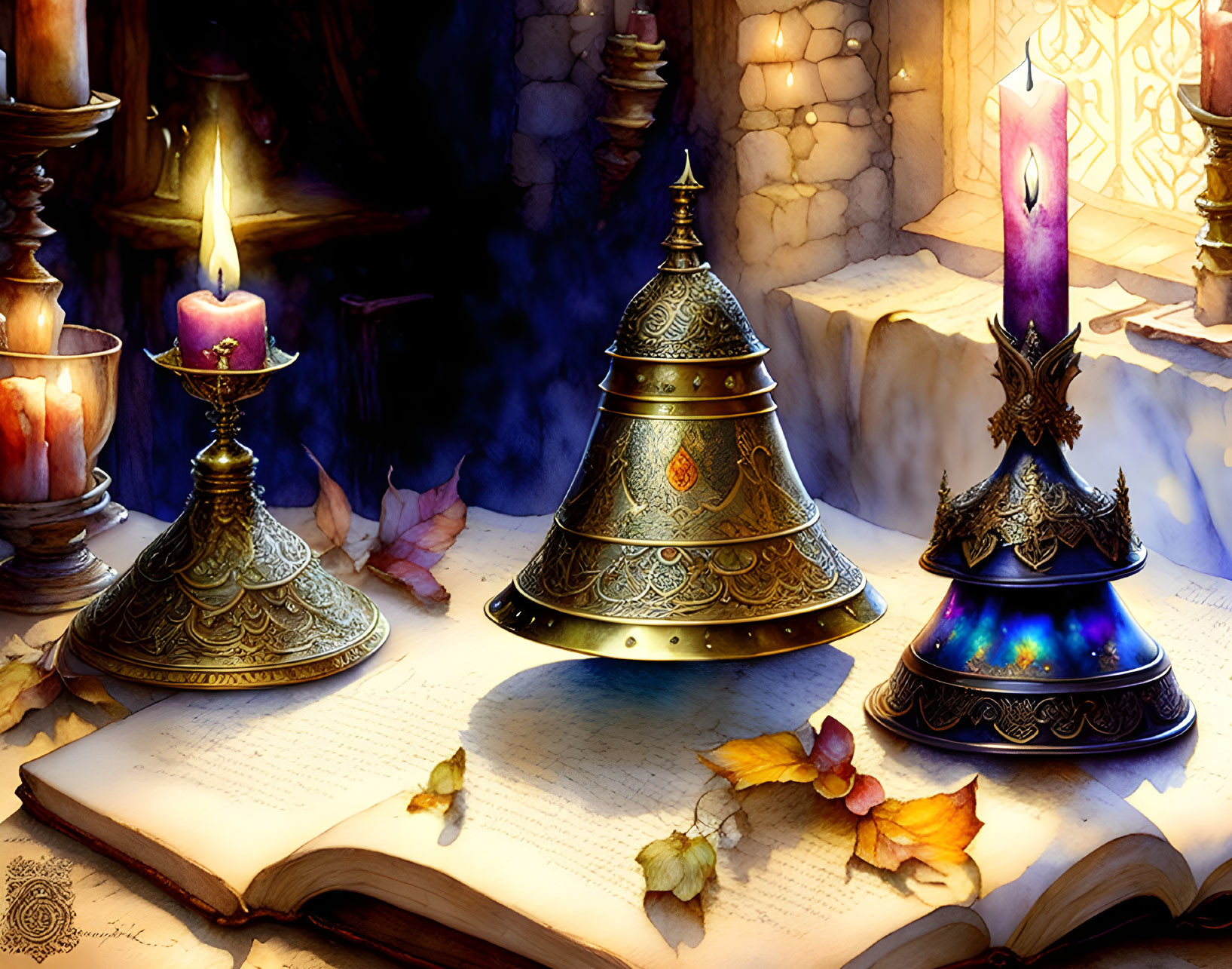 Intricate Trio of Bells on Open Book with Candles in Mystical Setting