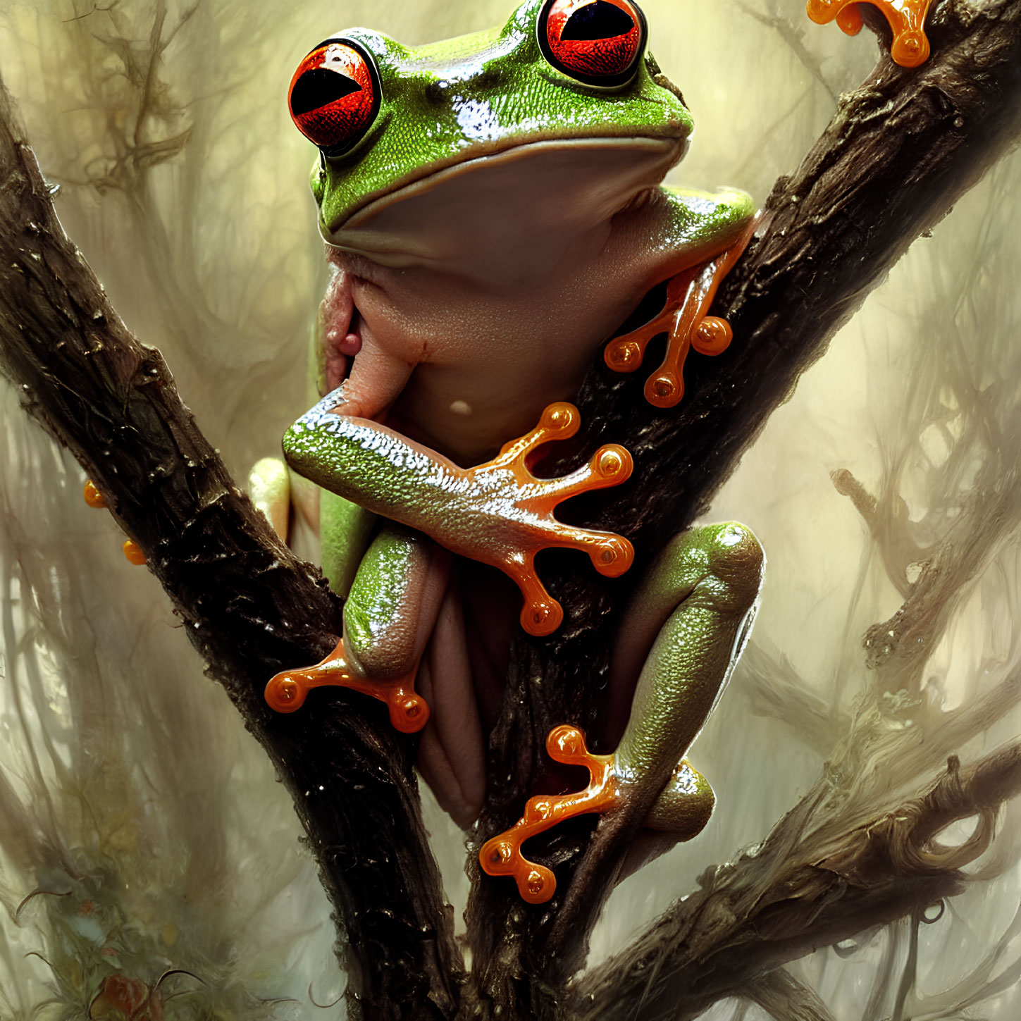 Detailed Illustration: Green and Orange Tree Frog with Red Eyes on Branch