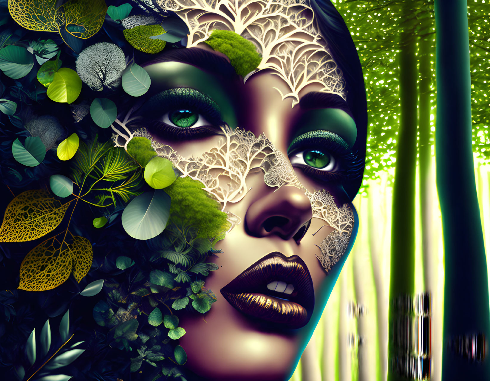 Digital artwork featuring woman's face with green foliage and lace patterns against bamboo backdrop