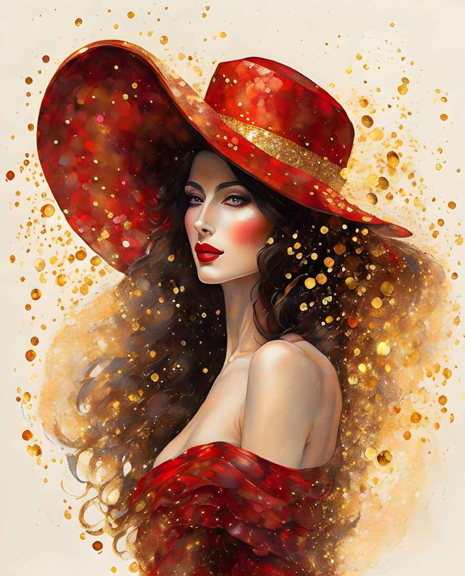 Woman with flowing hair in red glittery hat and sparkling accents.