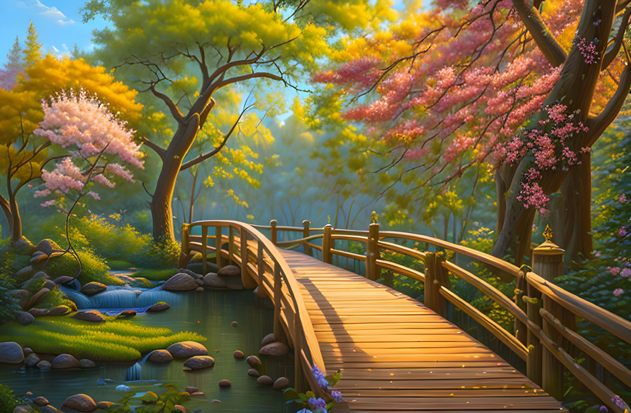 Tranquil Park Scene: Wooden Bridge, Pond, Trees, Pink Blossoms