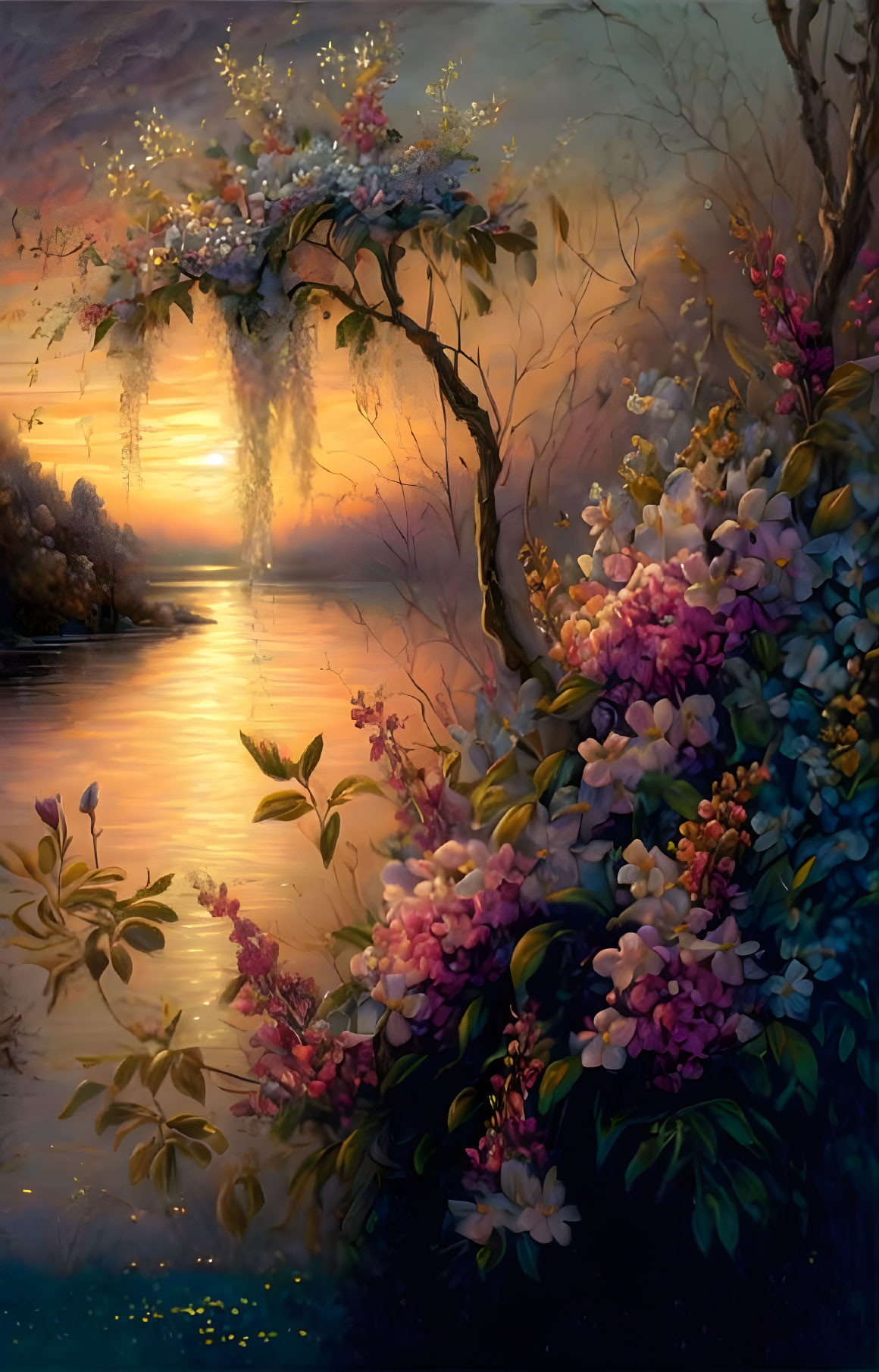 Tranquil sunset scene with blooming flowers by serene riverbank