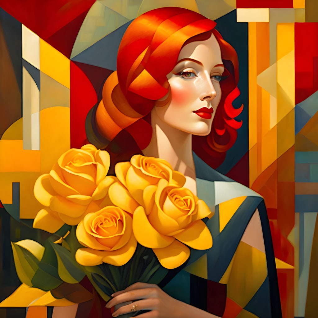 Stylized portrait of woman with red hair and yellow roses on abstract background