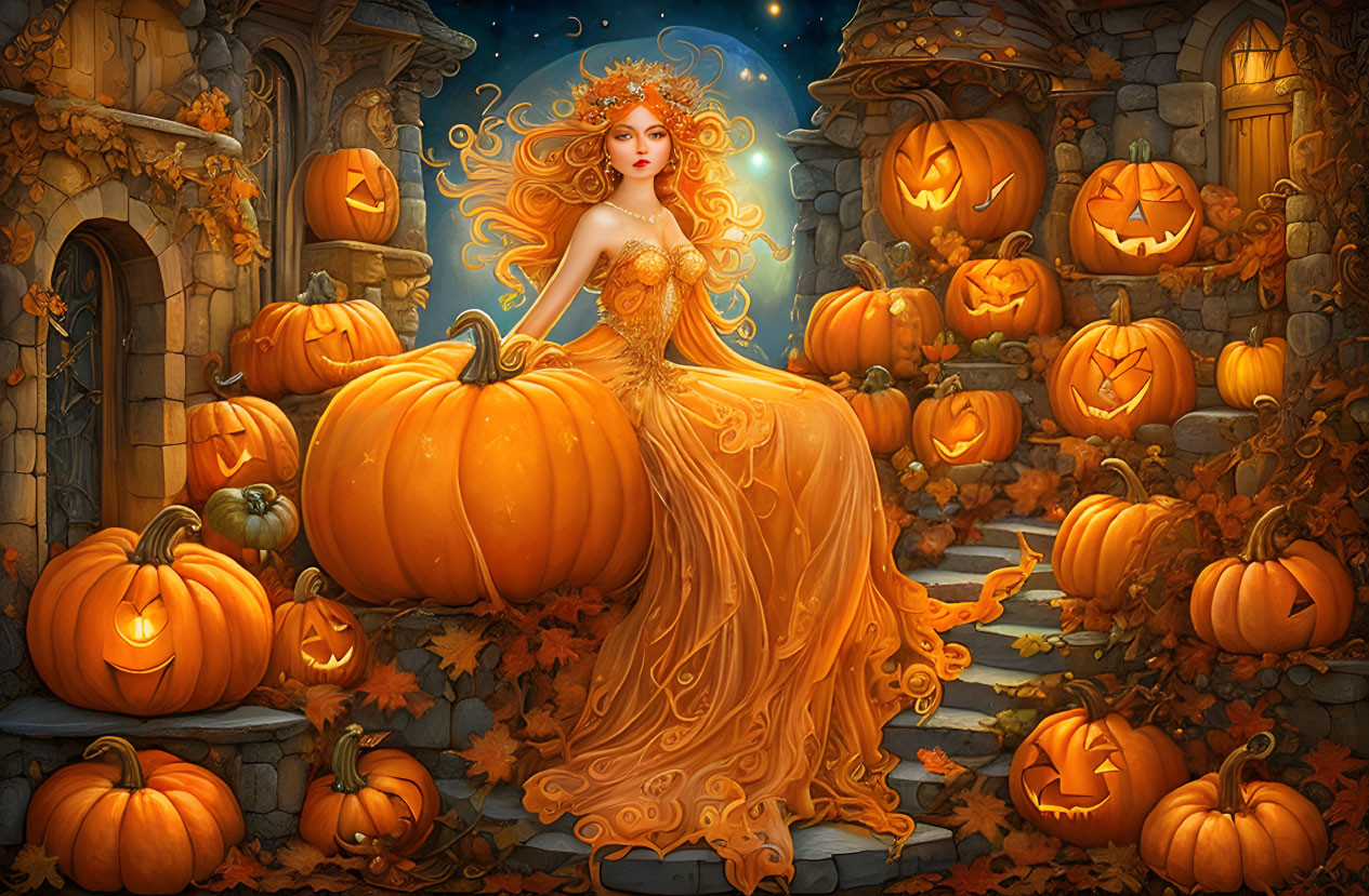 Woman with Orange Hair in Ornate Dress Surrounded by Jack-o'-lanterns and Autumn Setting