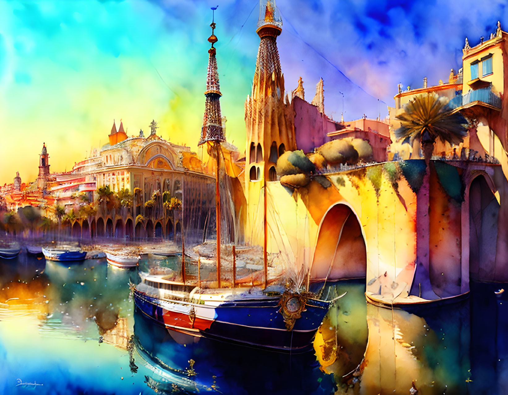 Whimsical cityscape watercolor illustration with iconic landmarks and boats