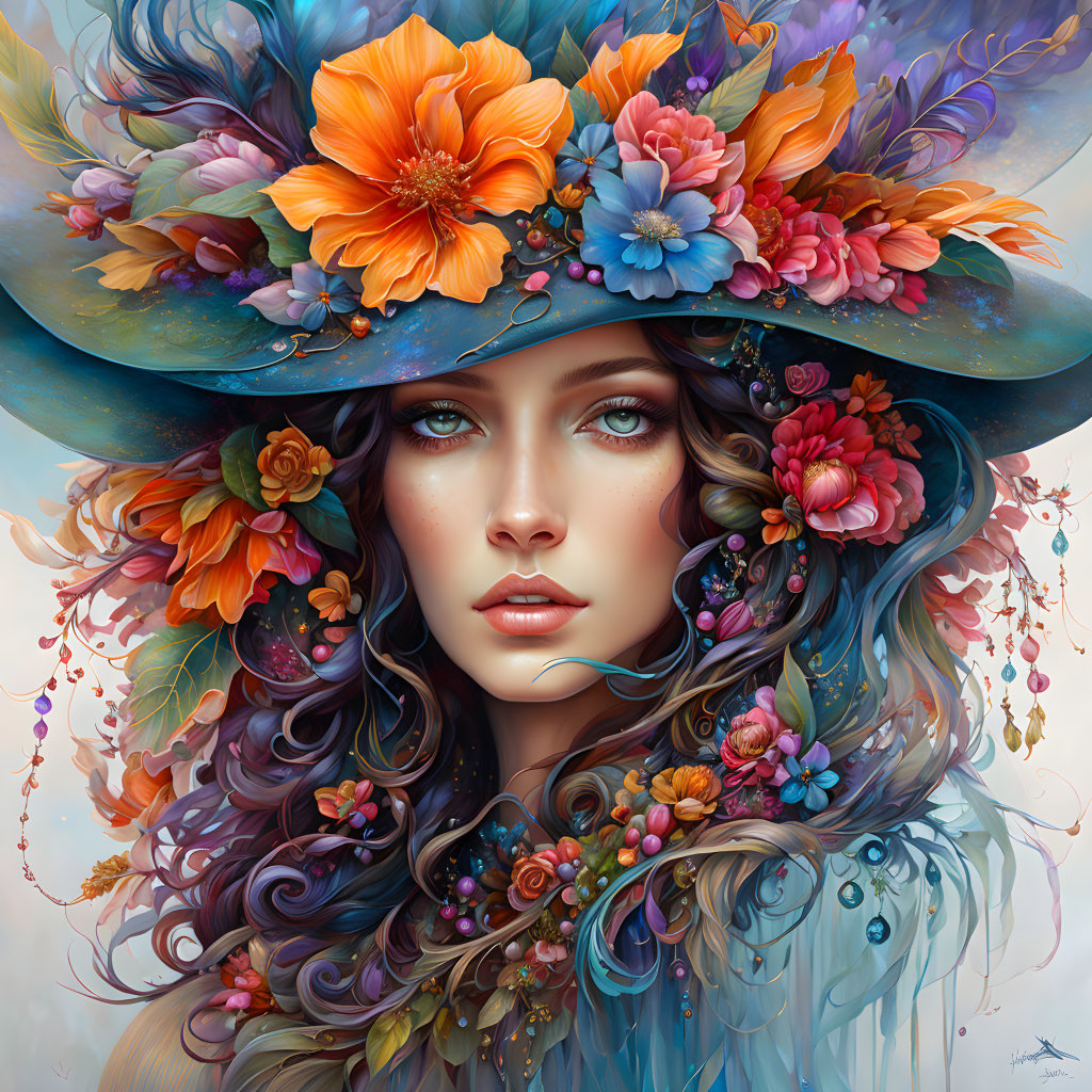 Detailed floral hat and jewelry on woman in vibrant illustration