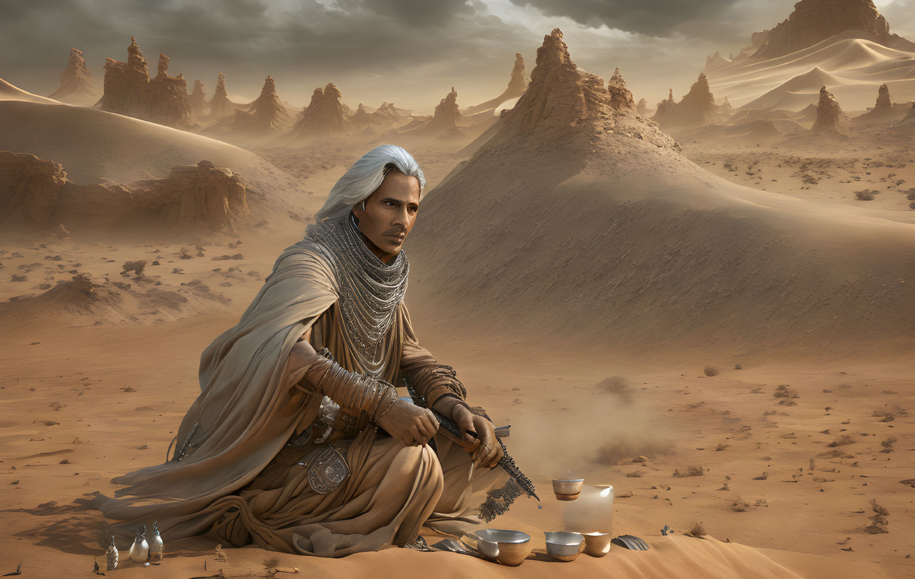 Silver-haired person in desert robes pouring beverage on sand with dramatic rock formations under hazy sky